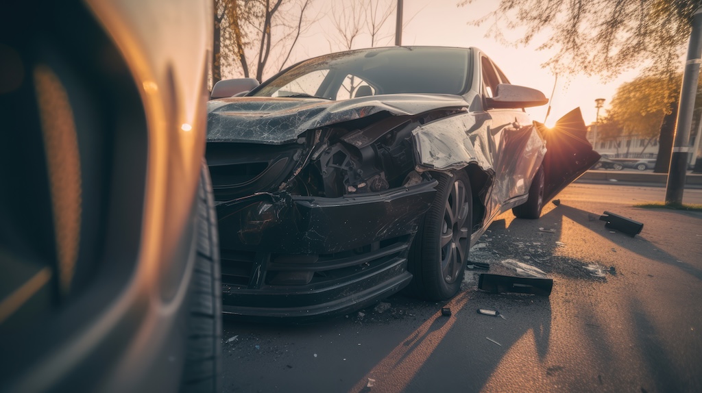 Crashed Car after Car Accident Scene Illustrating Legal Consequences and Actions
