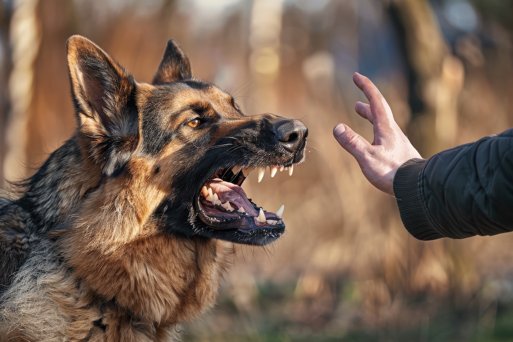 Aggressive dog bites, german shepherd attacks a man and bites his hand. Call a Las Vegas dog bite lawyer for injuries.