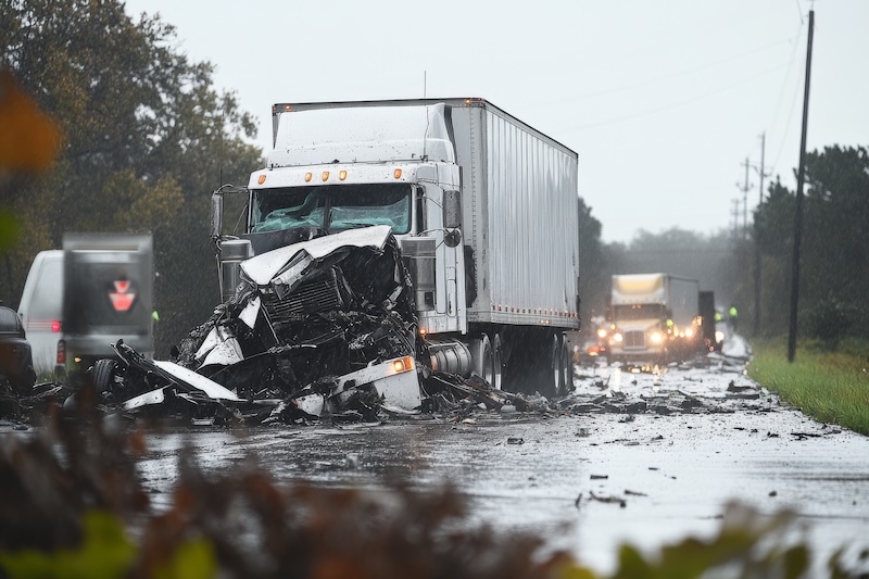A semi-trailer truck lies wrecked on a wet freeway, obstructing traffic as vehicles navigate cautiously through the area during rainy conditions.