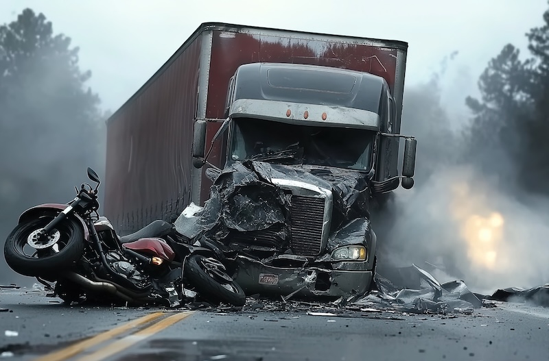 A truck accident scene showing the damaged semi-truck and motorcycle after a roadside crash on a highway